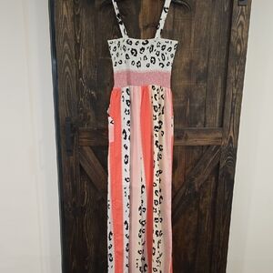 Leopard Print and Coral Women's One Piece Pant Romper